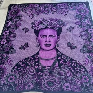 Frida Kahlo Woven Blanket Throw 78x78" Purple Black Floral Butterflies Romantic